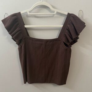 Brown Ruffle Sleeve Ribbed Top